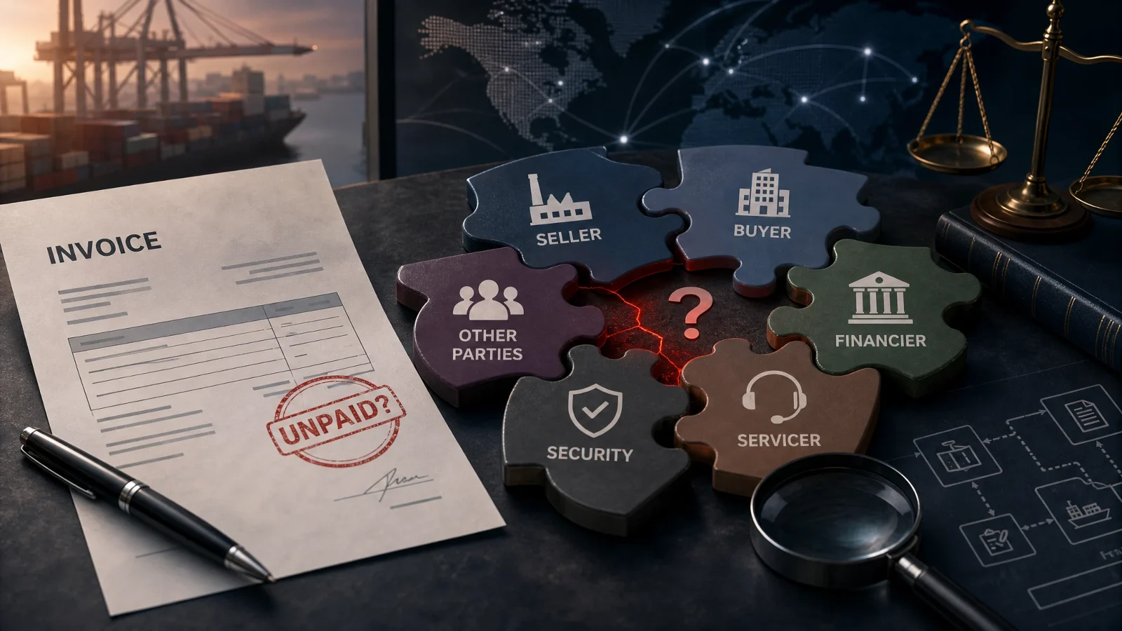 An invoice beside an incomplete puzzle of trade-finance participants, with cargo cranes and a world map in the background.